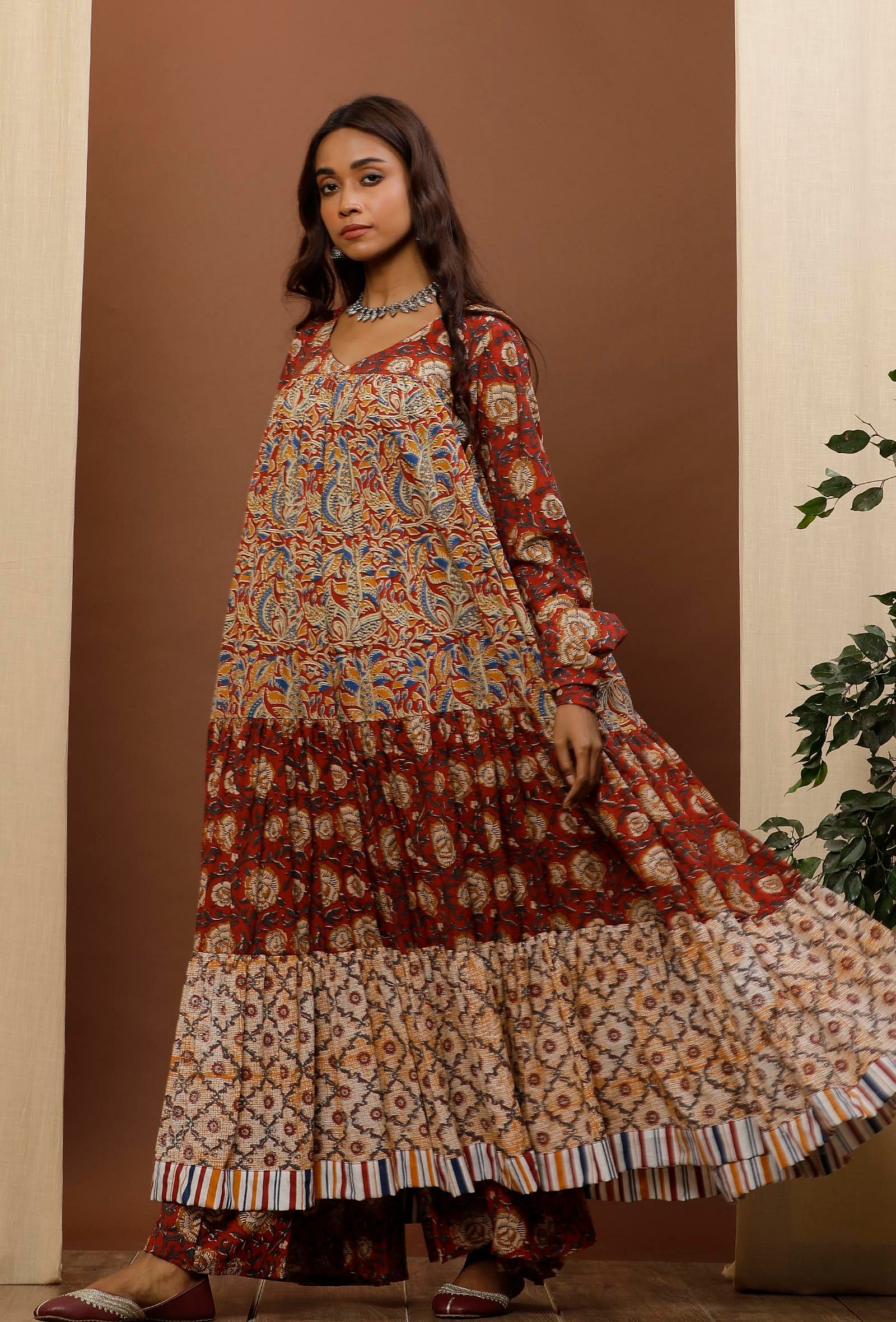 Rust Red & Beige Kalamkari Cotton Kurta