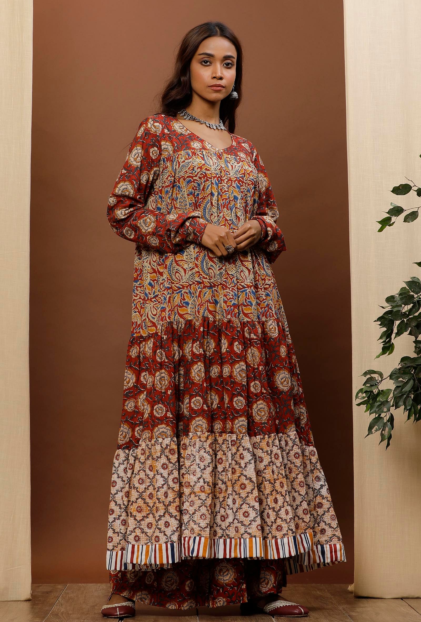 Rust Red & Beige Kalamkari Cotton Kurta