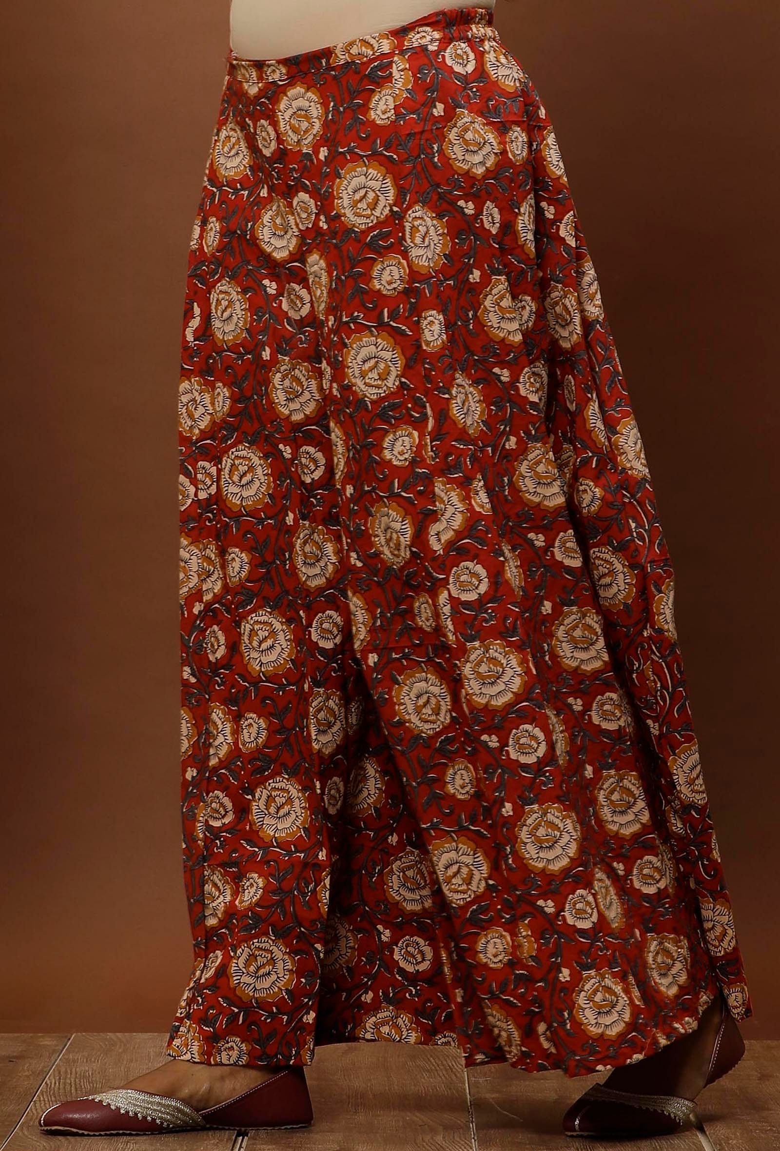 Rust Red Kalamkari Cotton Flared Pants