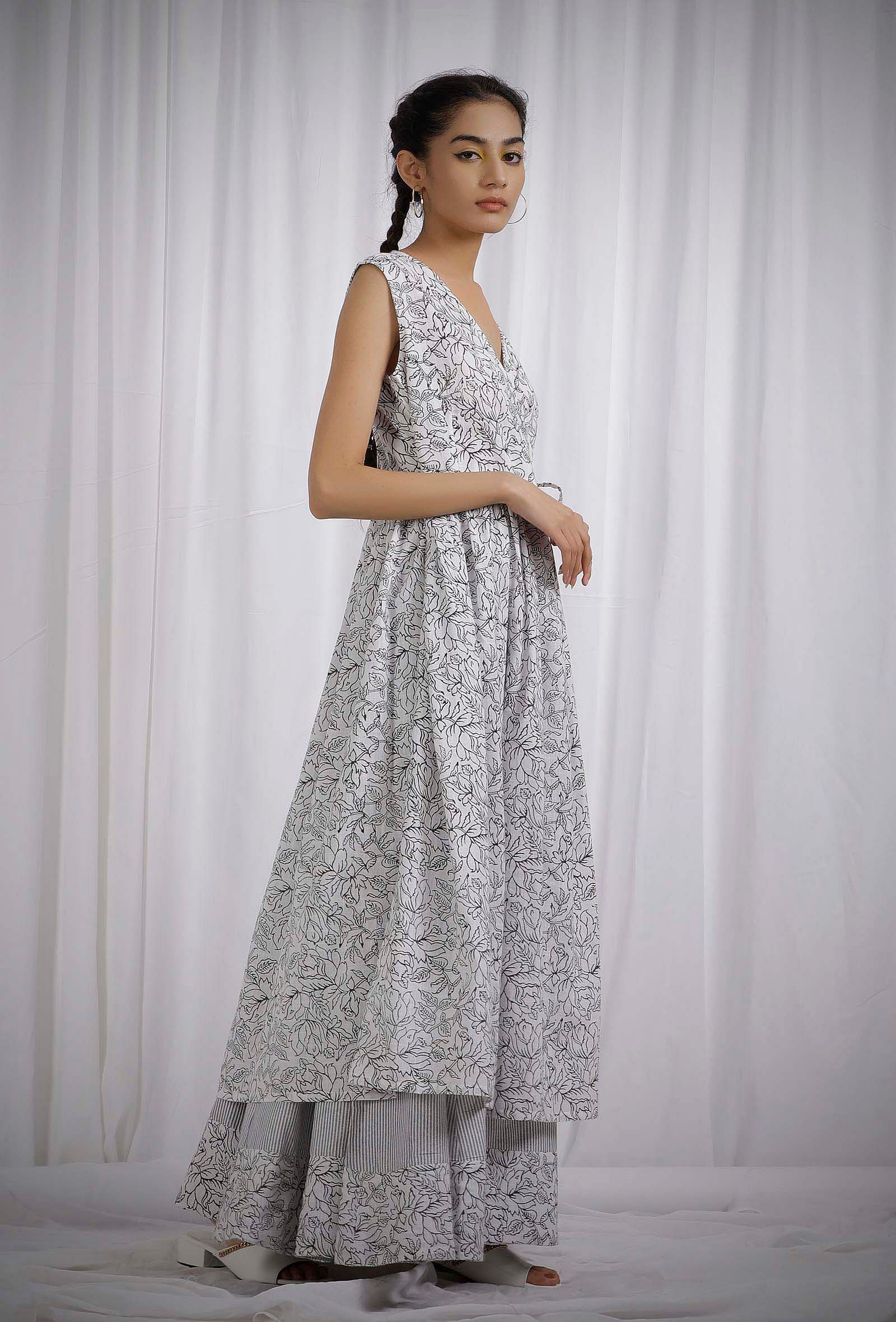 White and Black Cotton Slub Angrakha Printed Kurta