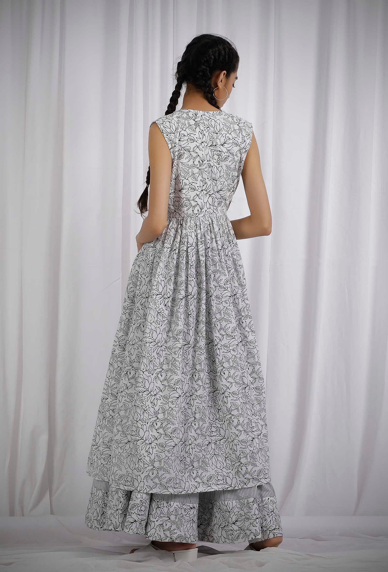 White and Black Cotton Slub Angrakha Printed Kurta