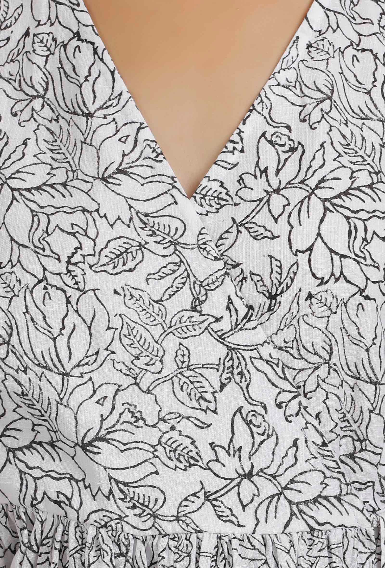 White and Black Cotton Slub Angrakha Printed Kurta