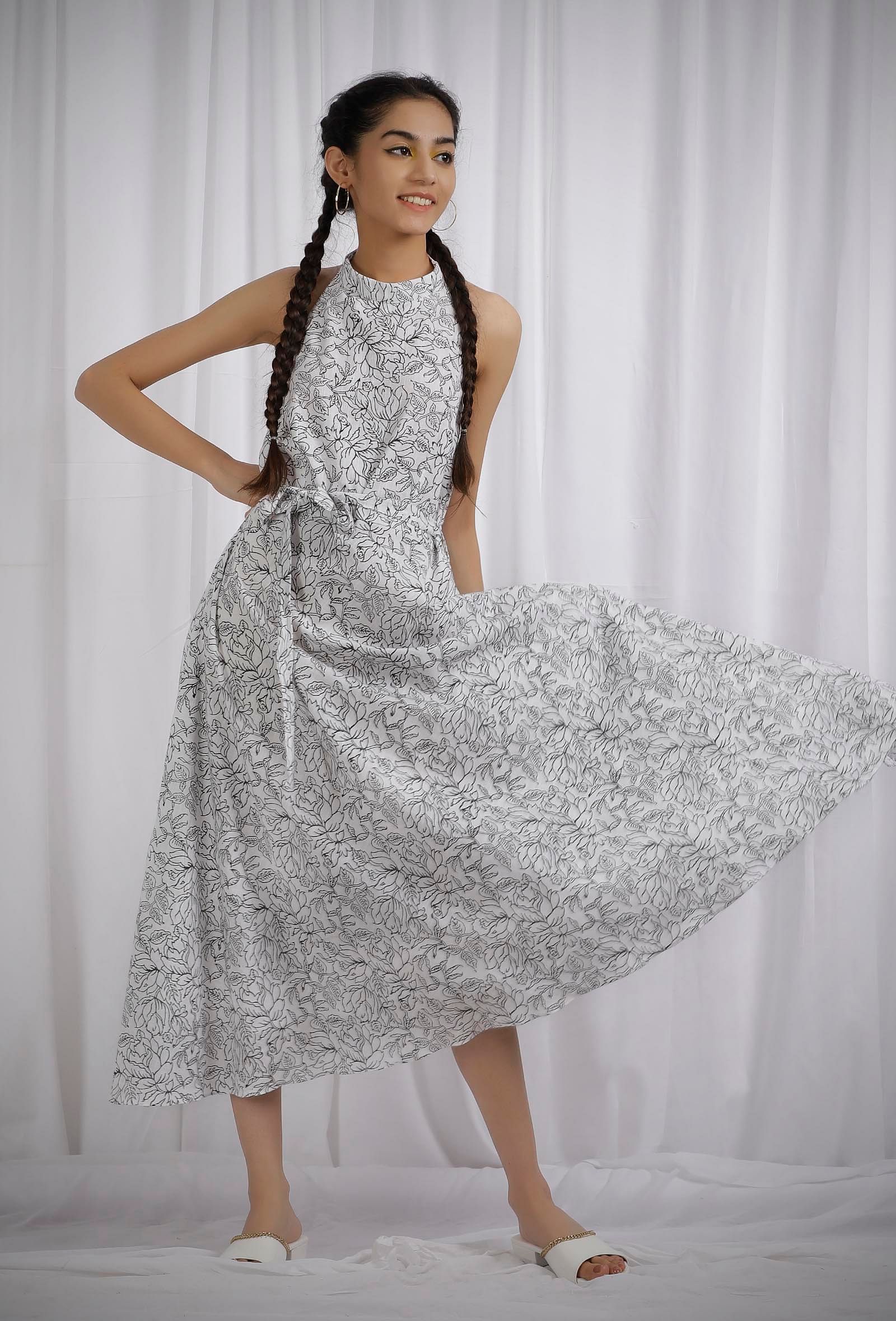 Black and White Halter Neck Cotton Dress With Belt