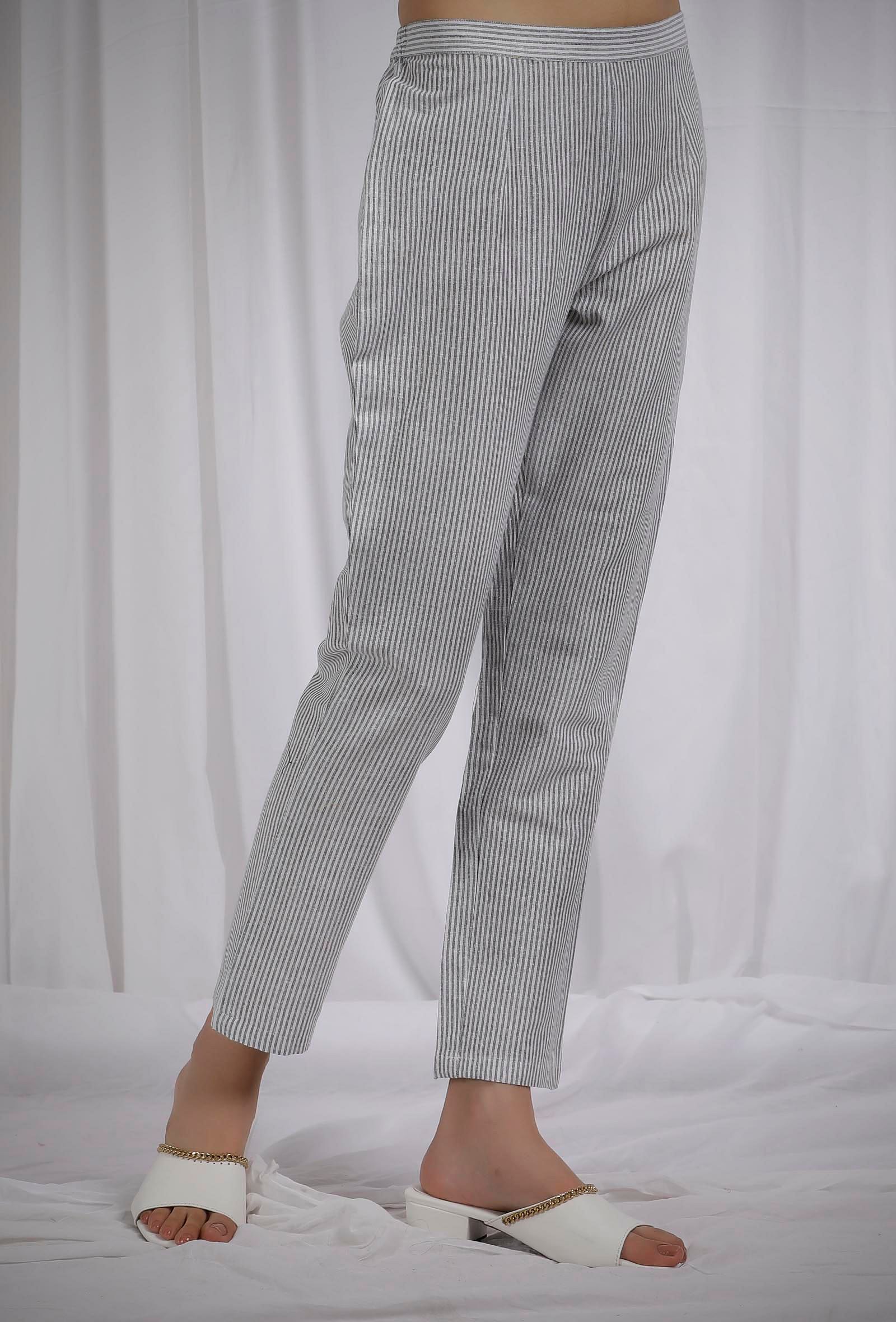 Grey Striped Straight Fit Cotton Pants