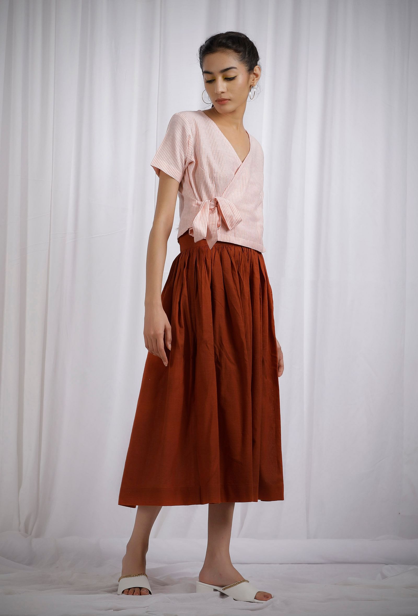 Orange Cotton Striped Short Wrap Around Top