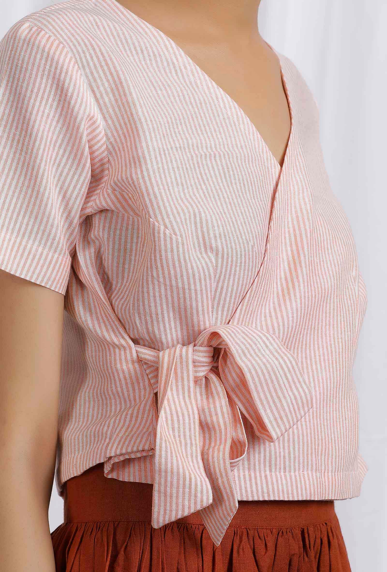 Orange Cotton Striped Short Wrap Around Top