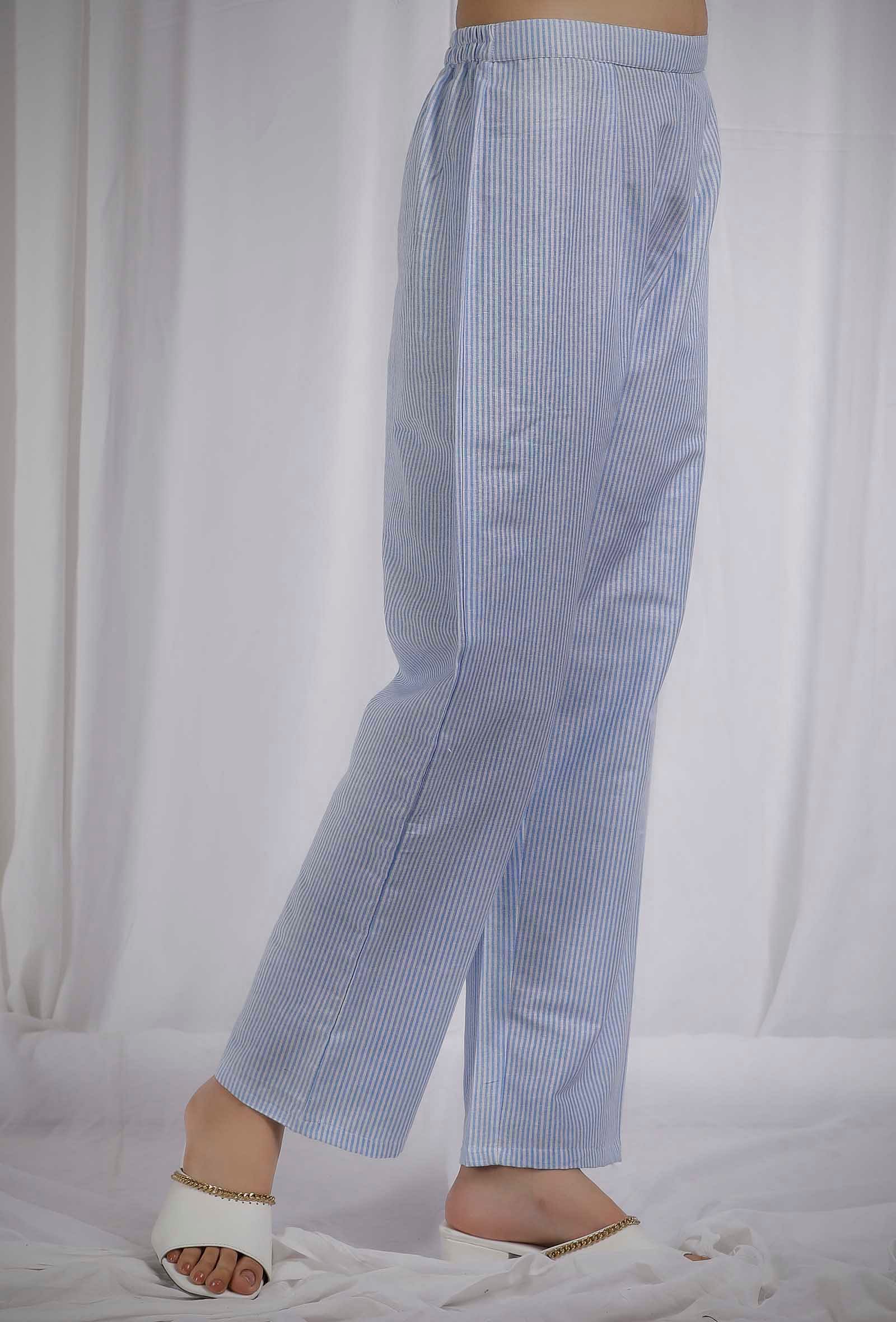 Blue Woven Cotton Striped Straight Pants