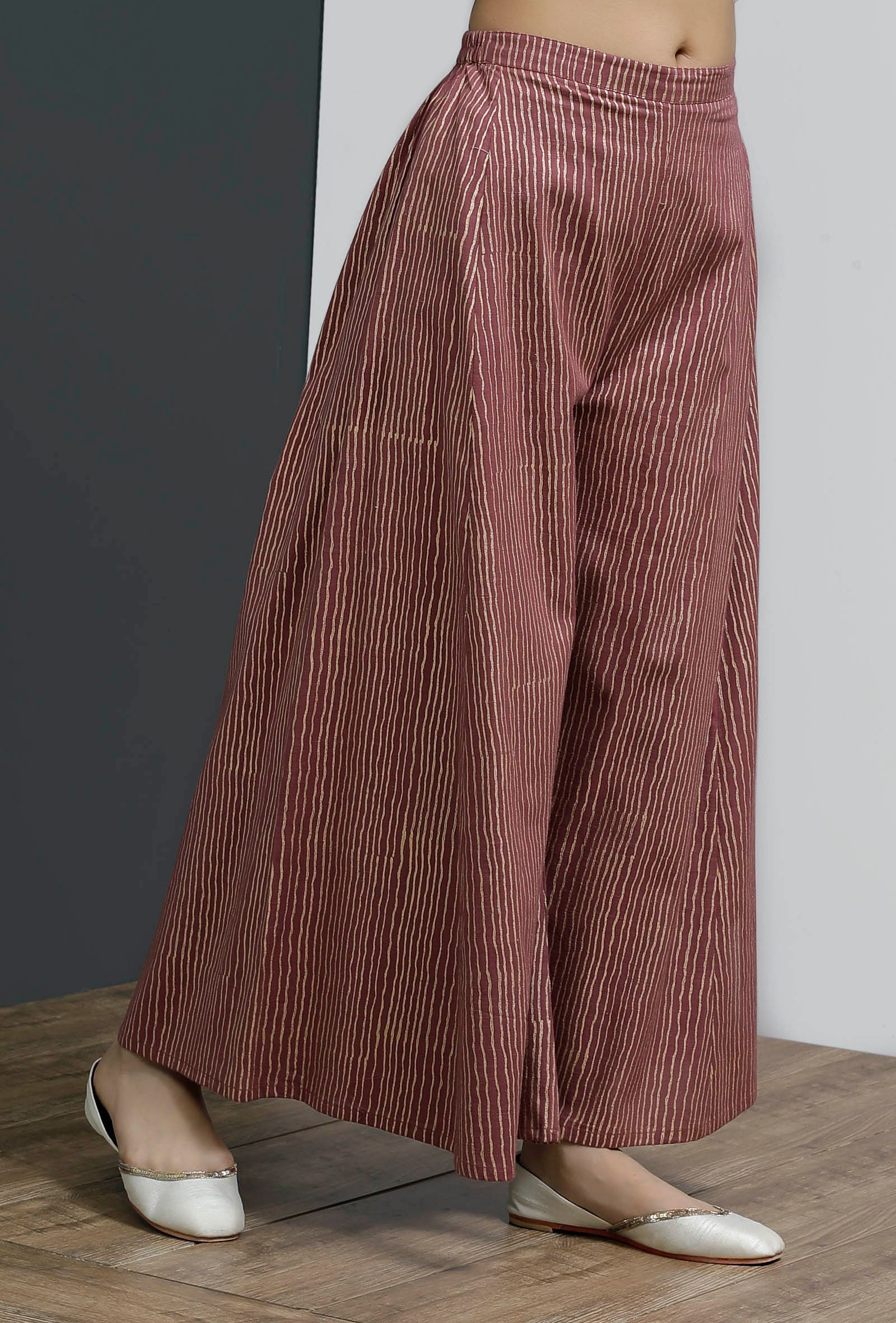 Plum Hand-Block Stripe Printed Palazzo