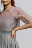 Set Of 2: Plum Organza Embroidered Blouse With Strappy Grey Block Printed Pleated Dress