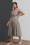 Set Of 2: Plum Organza Embroidered Blouse With Strappy Grey Block Printed Pleated Dress