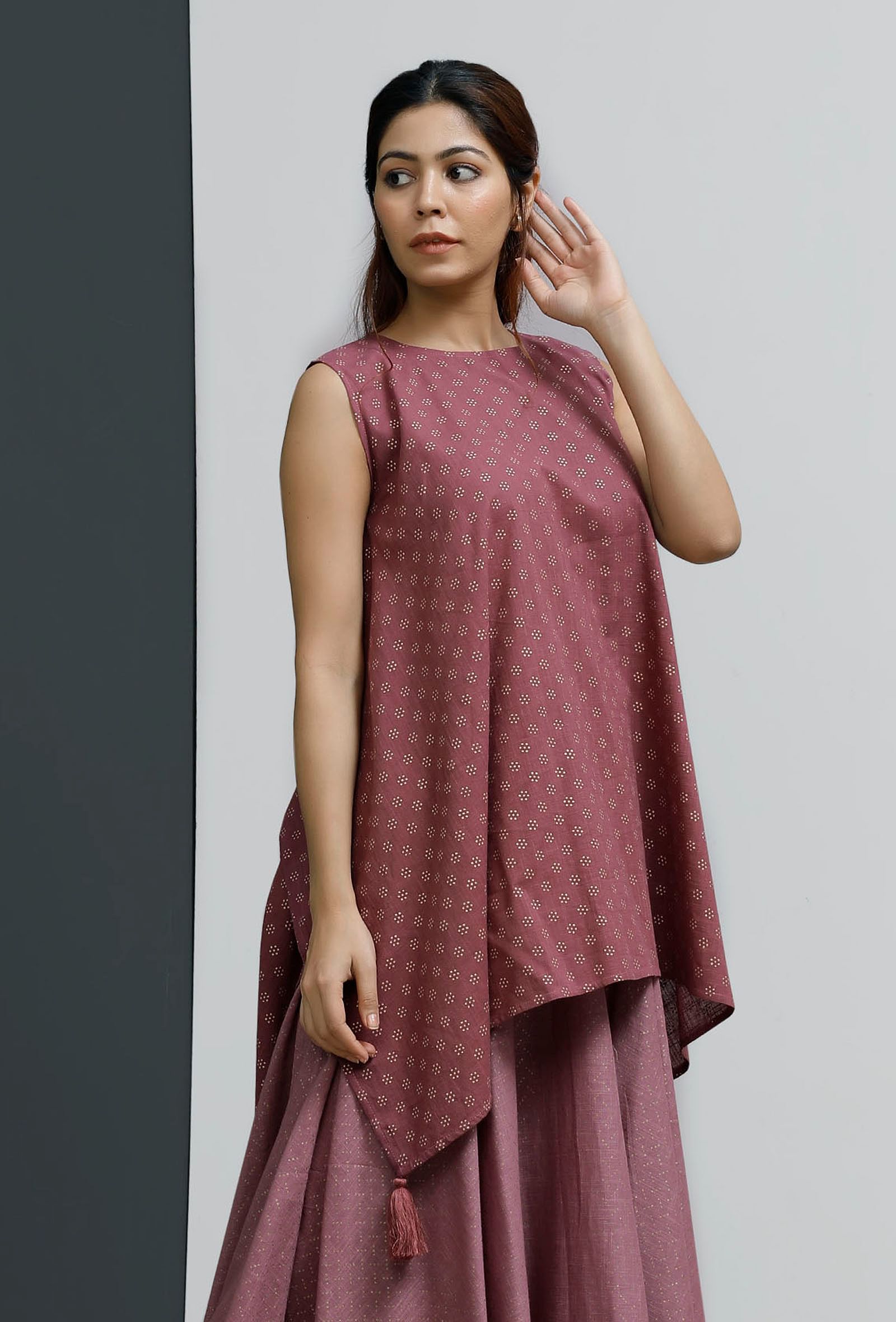 Plum Hand-Block Printed Asymmetrical Short Kurta