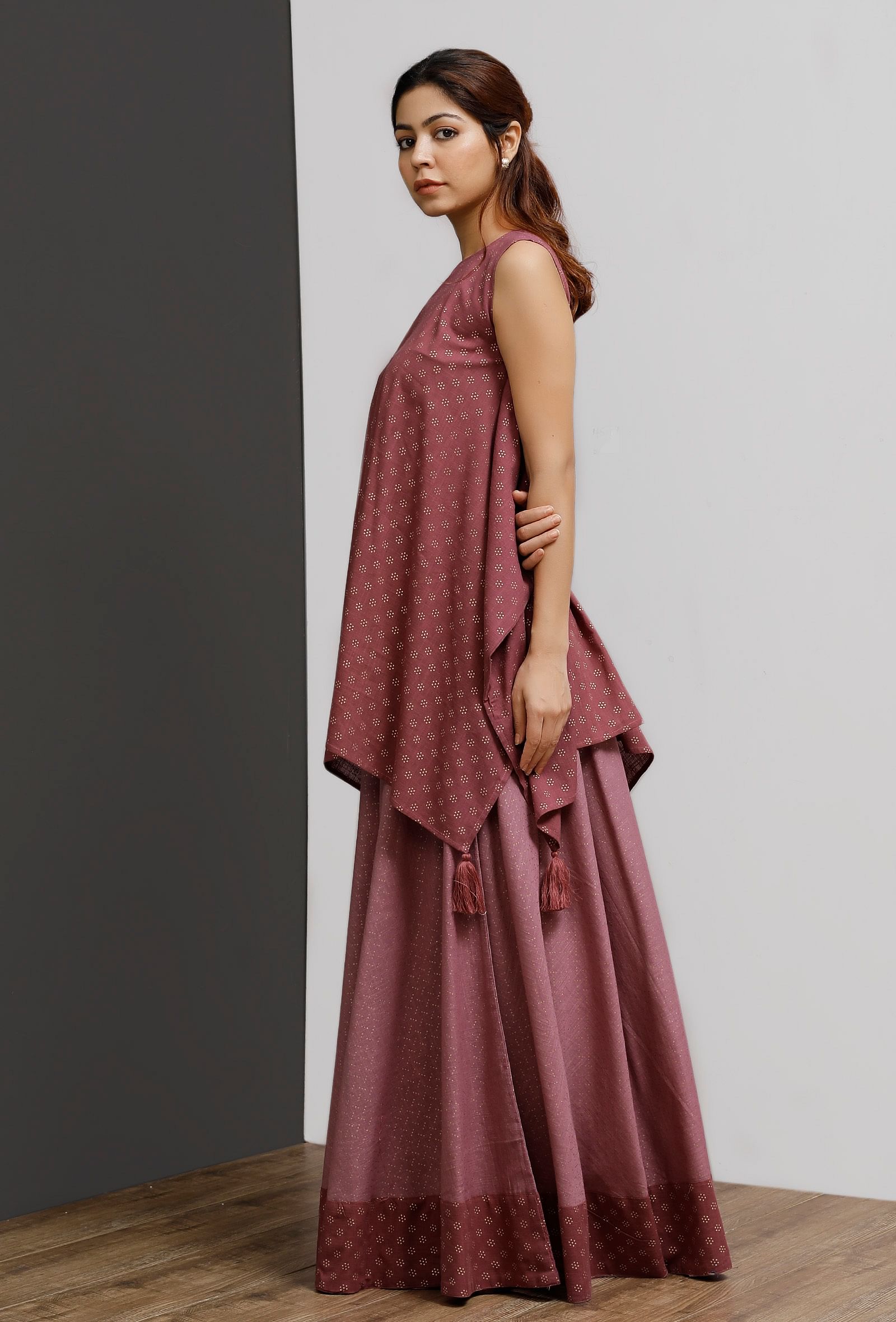 Plum Hand-Block Printed Asymmetrical Short Kurta