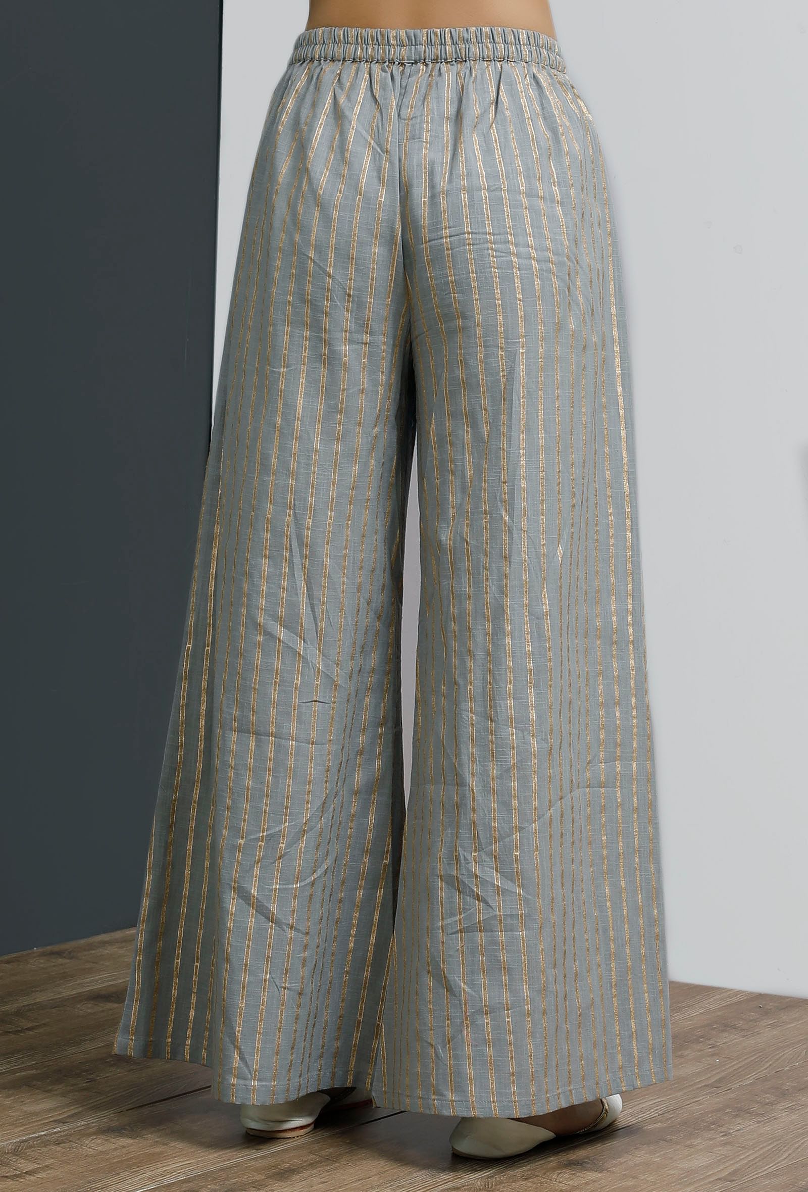 Grey Hand-Block Stripe Printed Palazzo