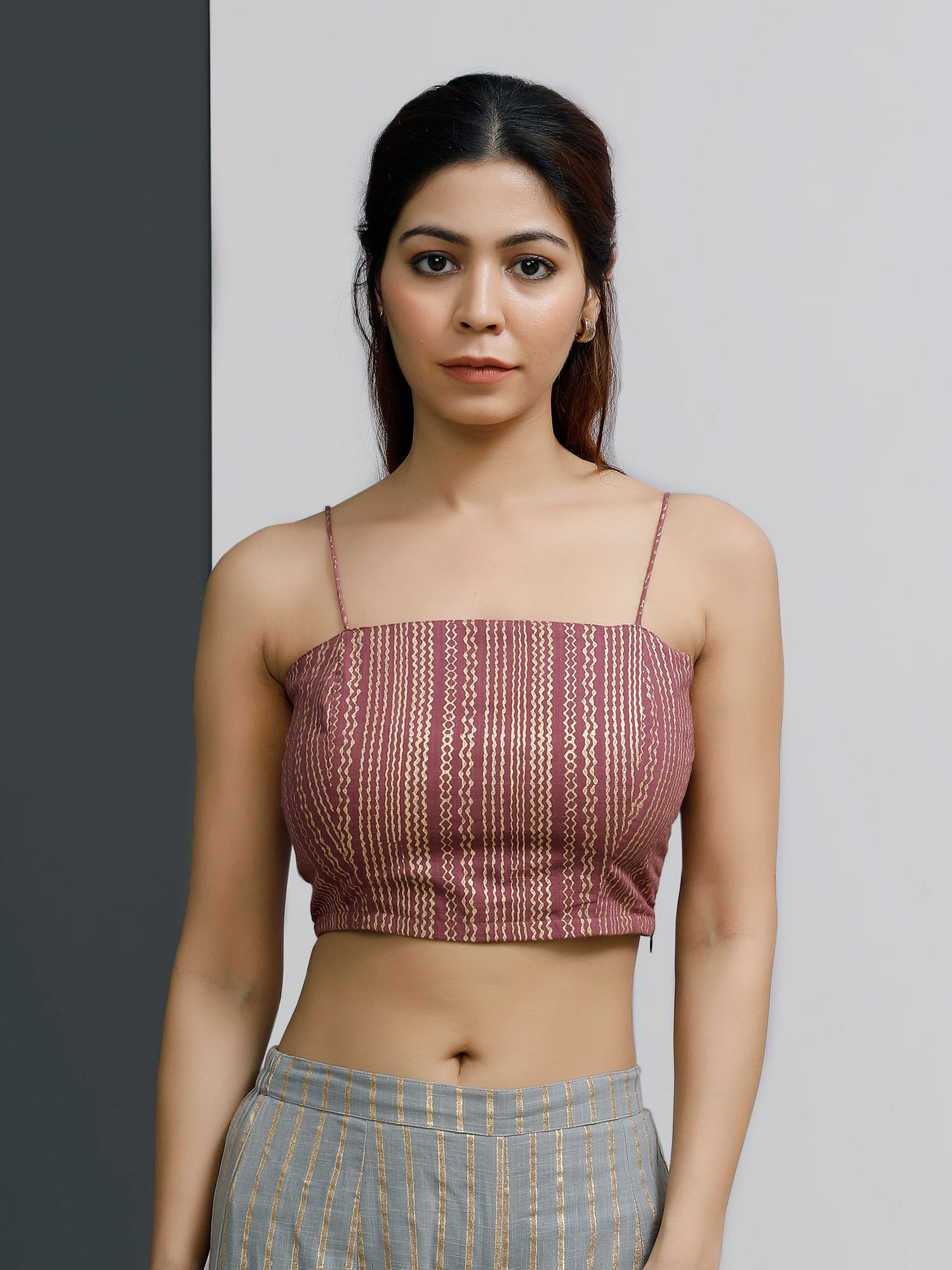 Plum Block-Printed Strappy Bustier Crop Top