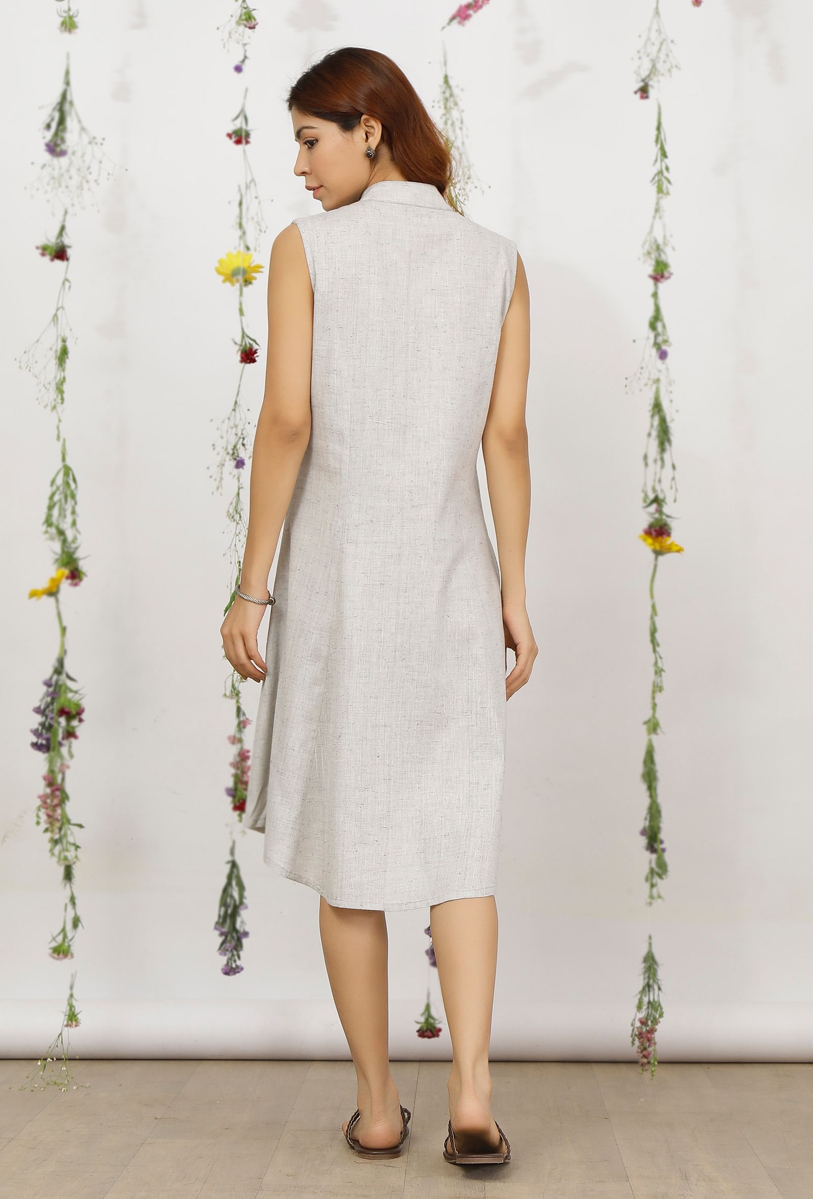 Grey Cotton Khadi Straight Asymmetrical Collar Dress