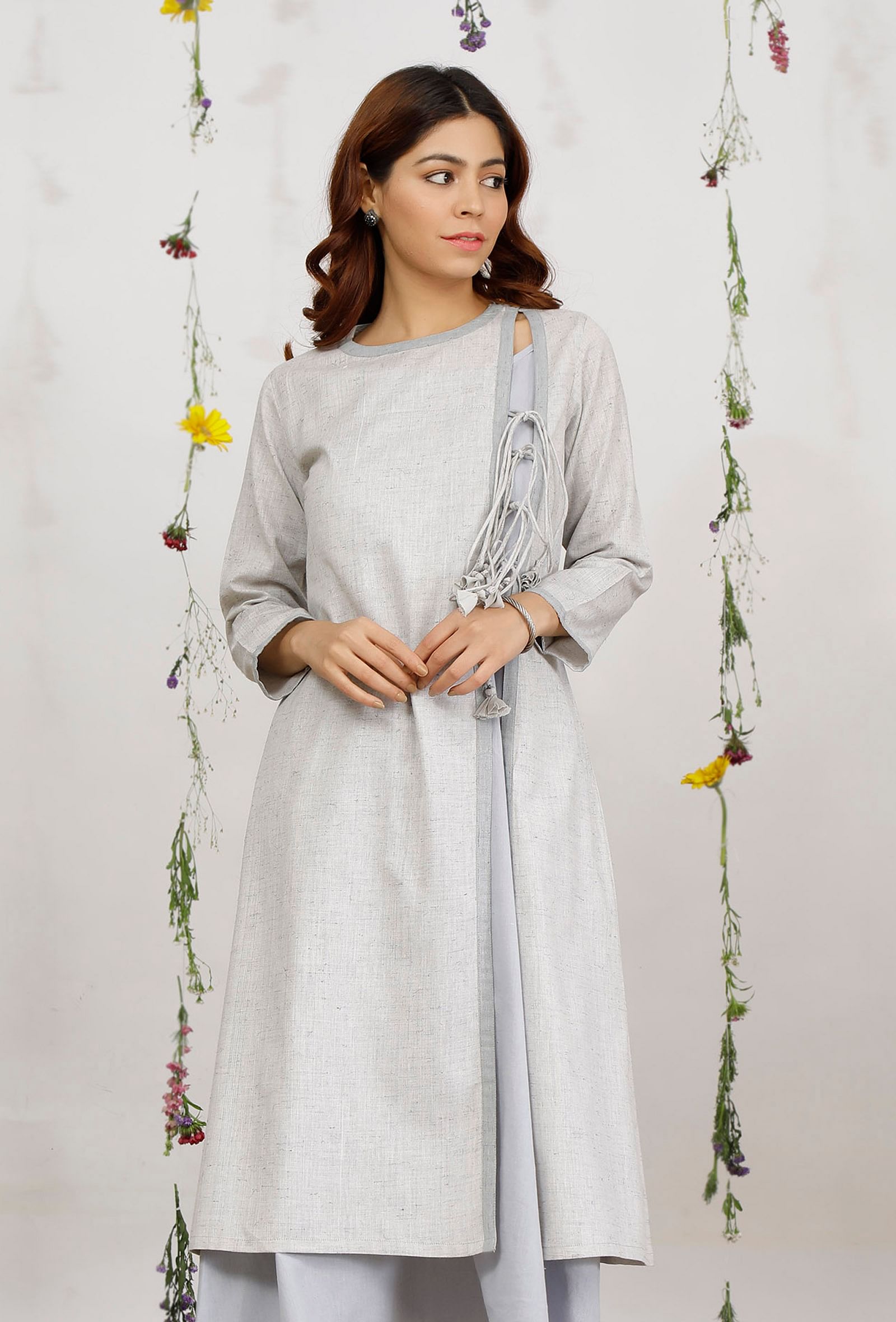 Grey and Powder Blue Straight Side Tie-up Cotton Khaadi Kurta