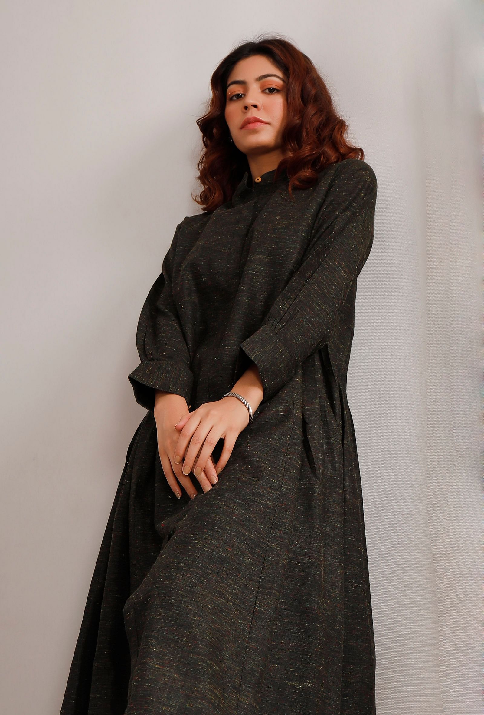 Set of 2: Dark Olive Cotton Khaadi Kurta with Dark Olive Straight Pants