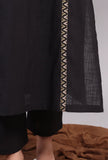 Set of 2: Black Kantha Embroidered Kurta with Solid Black Narrow Pants