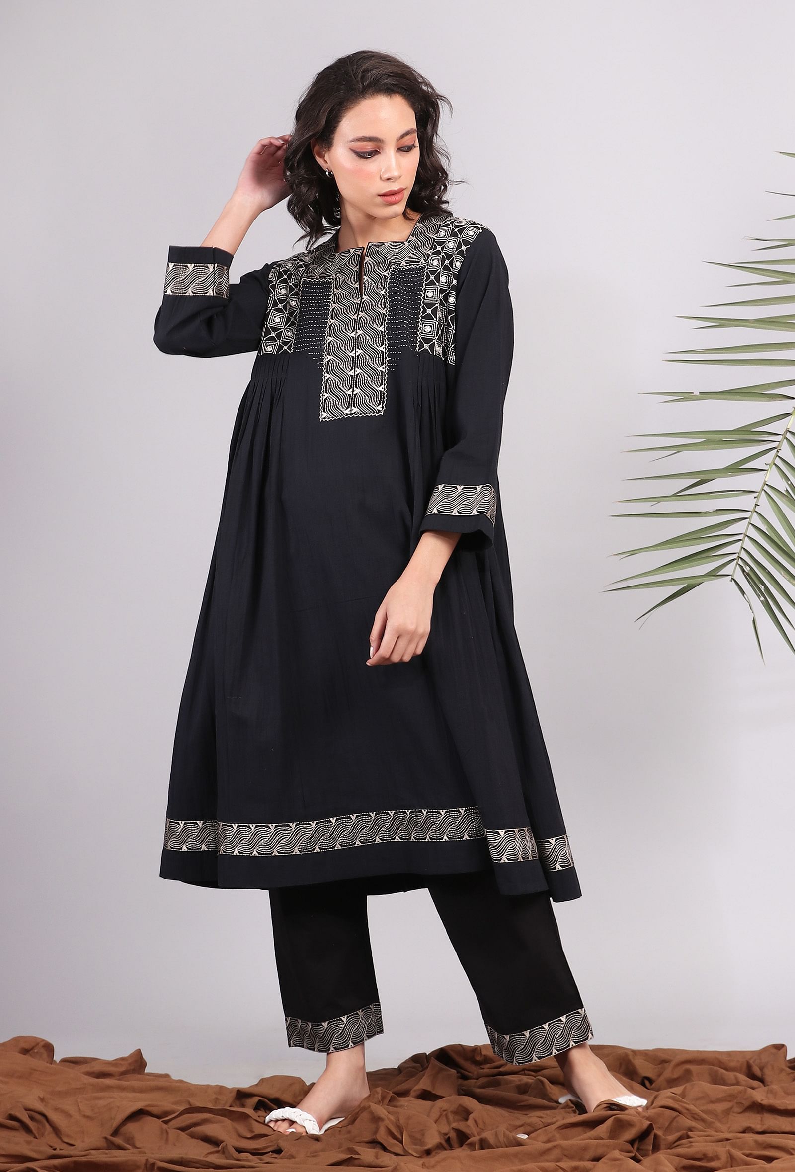 Black Kantha Embroidered Side Pleated Kurta
