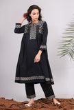 Black Kantha Embroidered Side Pleated Kurta