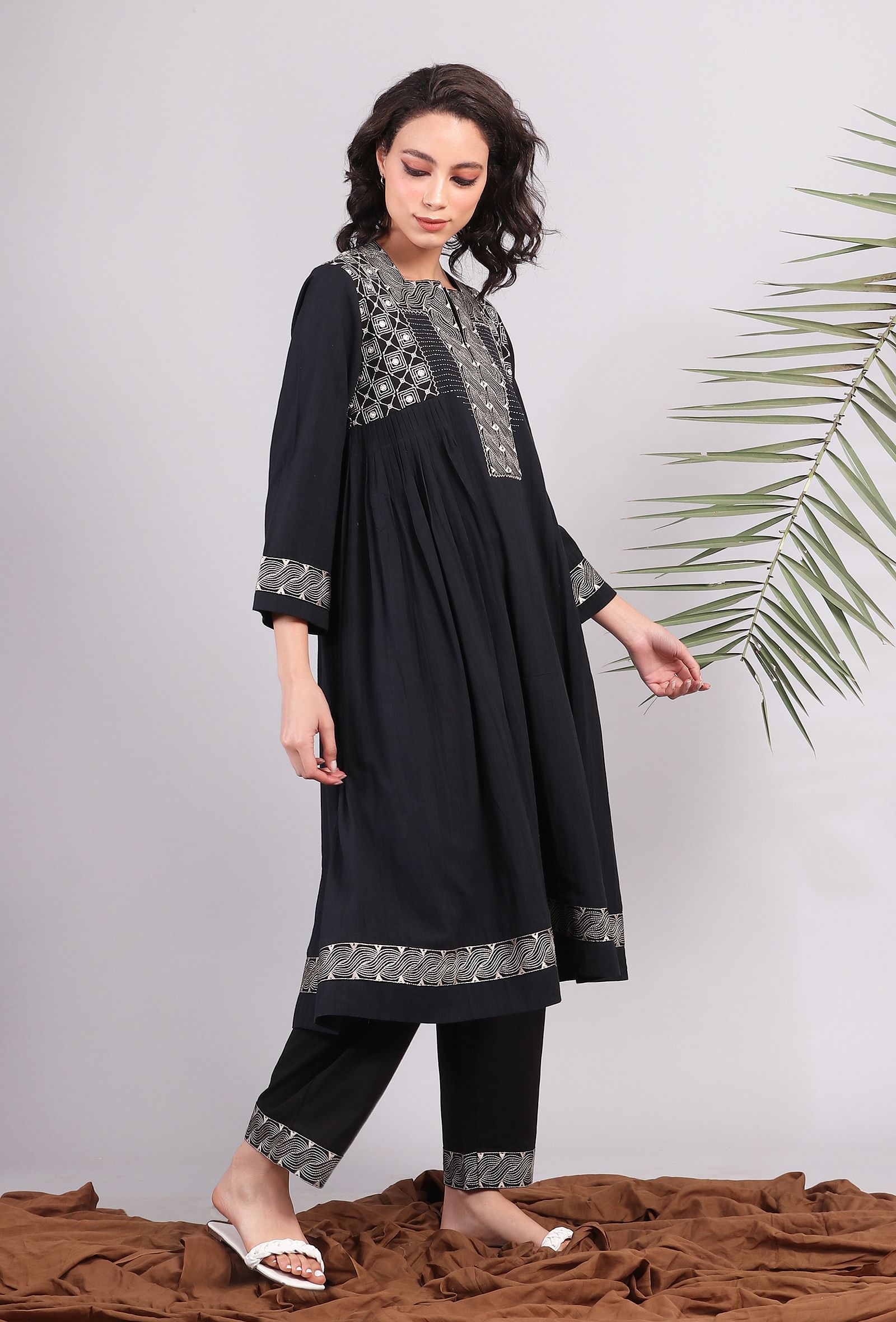 Black Kantha Embroidered Side Pleated Kurta