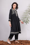 Black Kantha Embroidered Side Pleated Kurta