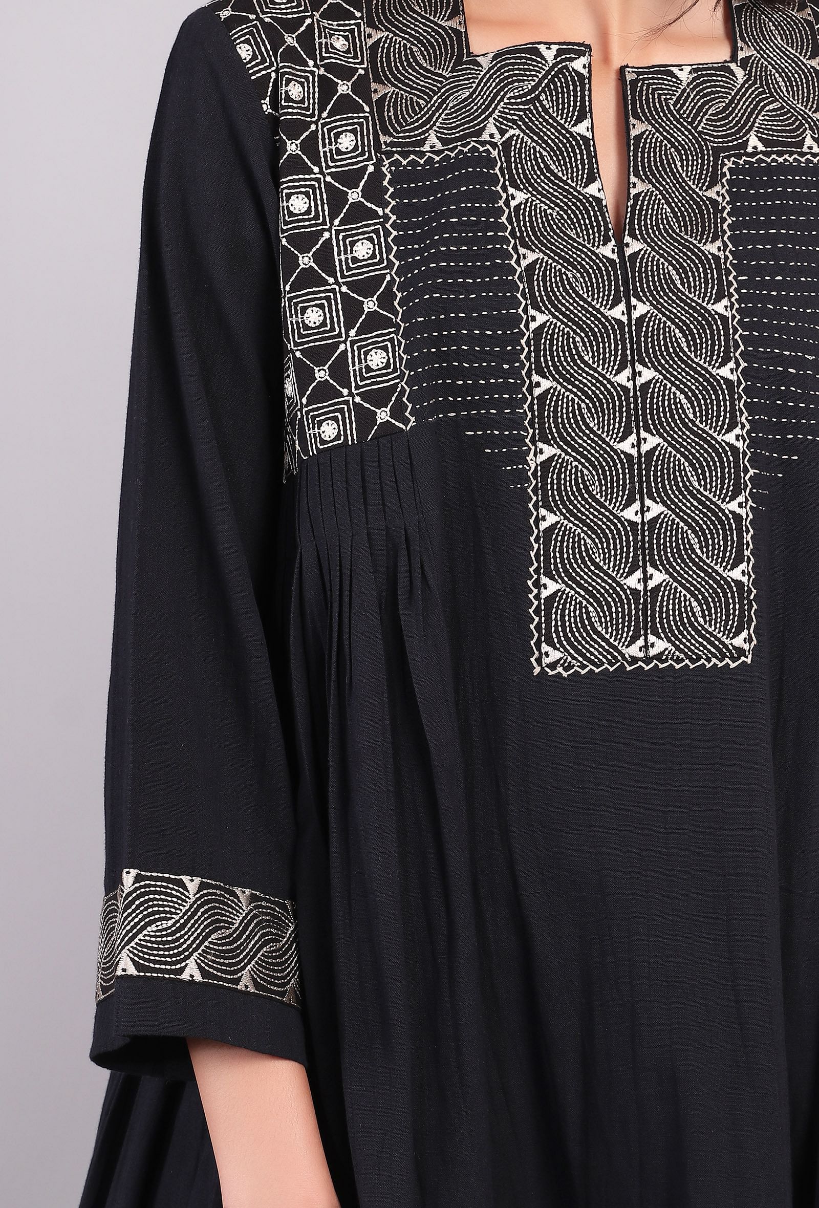Black Kantha Embroidered Side Pleated Kurta