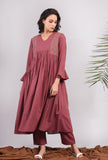 Set of 2: Plum Kantha Front Gathered Long Kurta dress With Narrow Pants