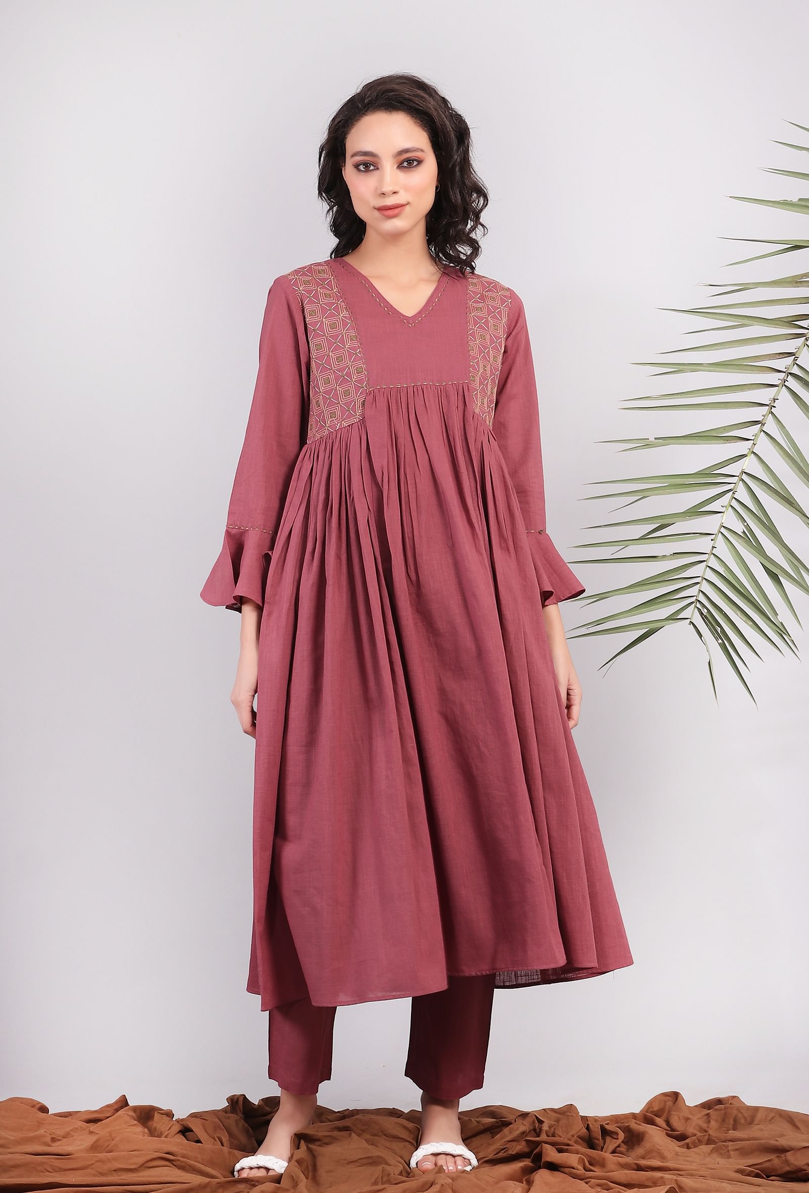 Set of 2: Plum Kantha Front Gathered Long Kurta dress With Narrow Pants