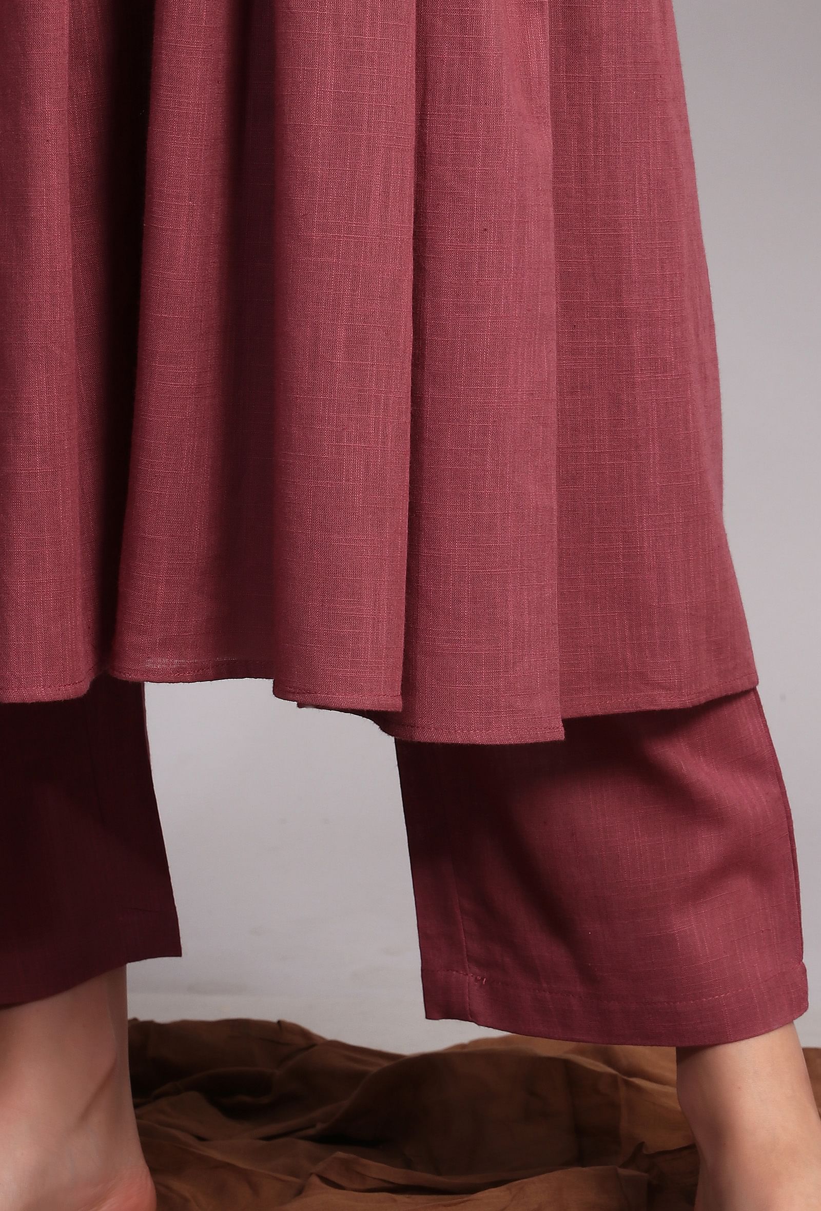Set of 2: Plum Kantha Front Gathered Long Kurta dress With Narrow Pants
