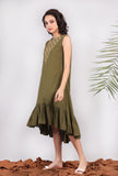 Olive Green Kantha Asymmetrical Tiered Dress
