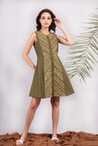Olive Green Kantha Embroidered Side Pleated Dress