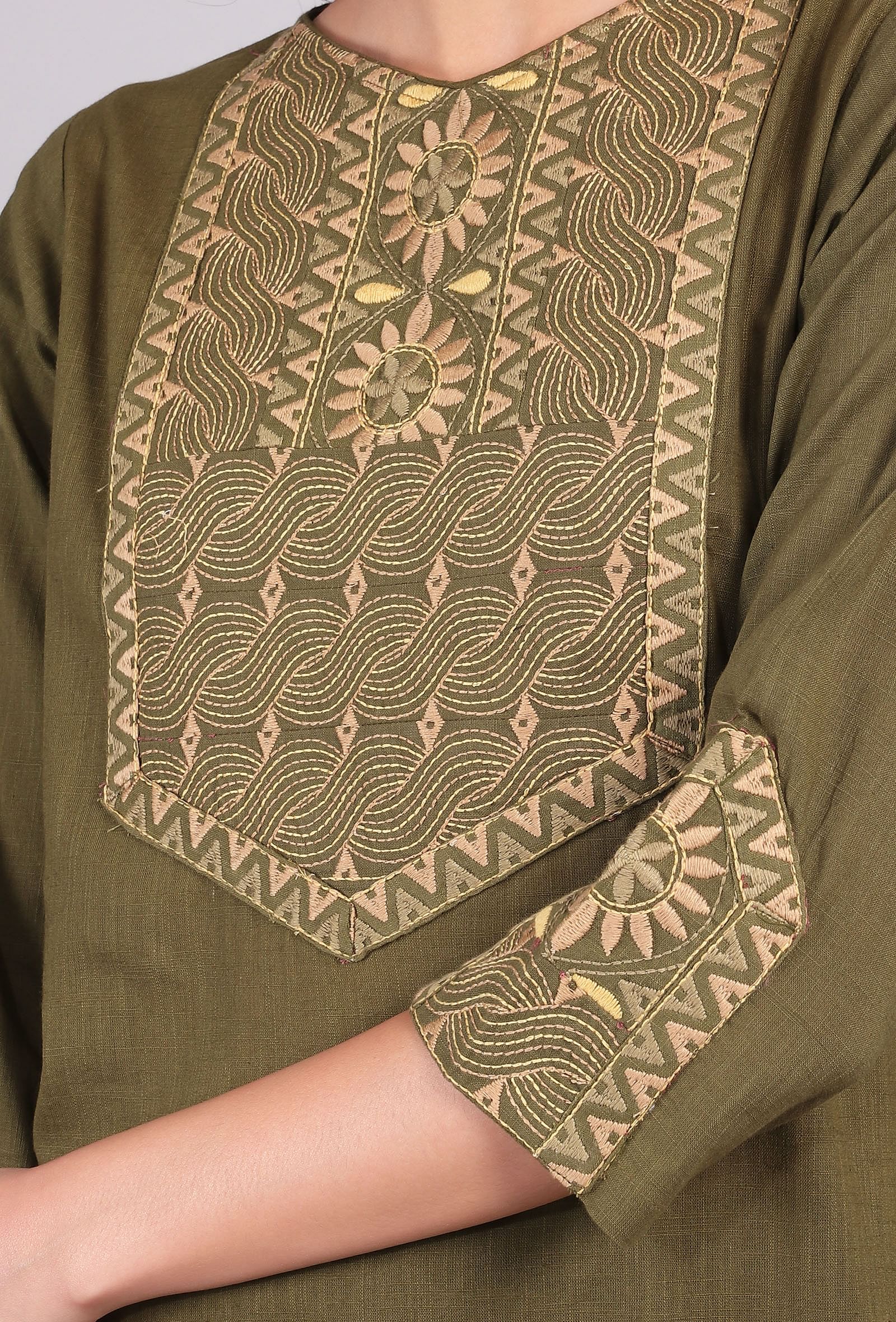 Set of 2: Olive Green Kantha Long Kurta with Solid Palazzo Pants