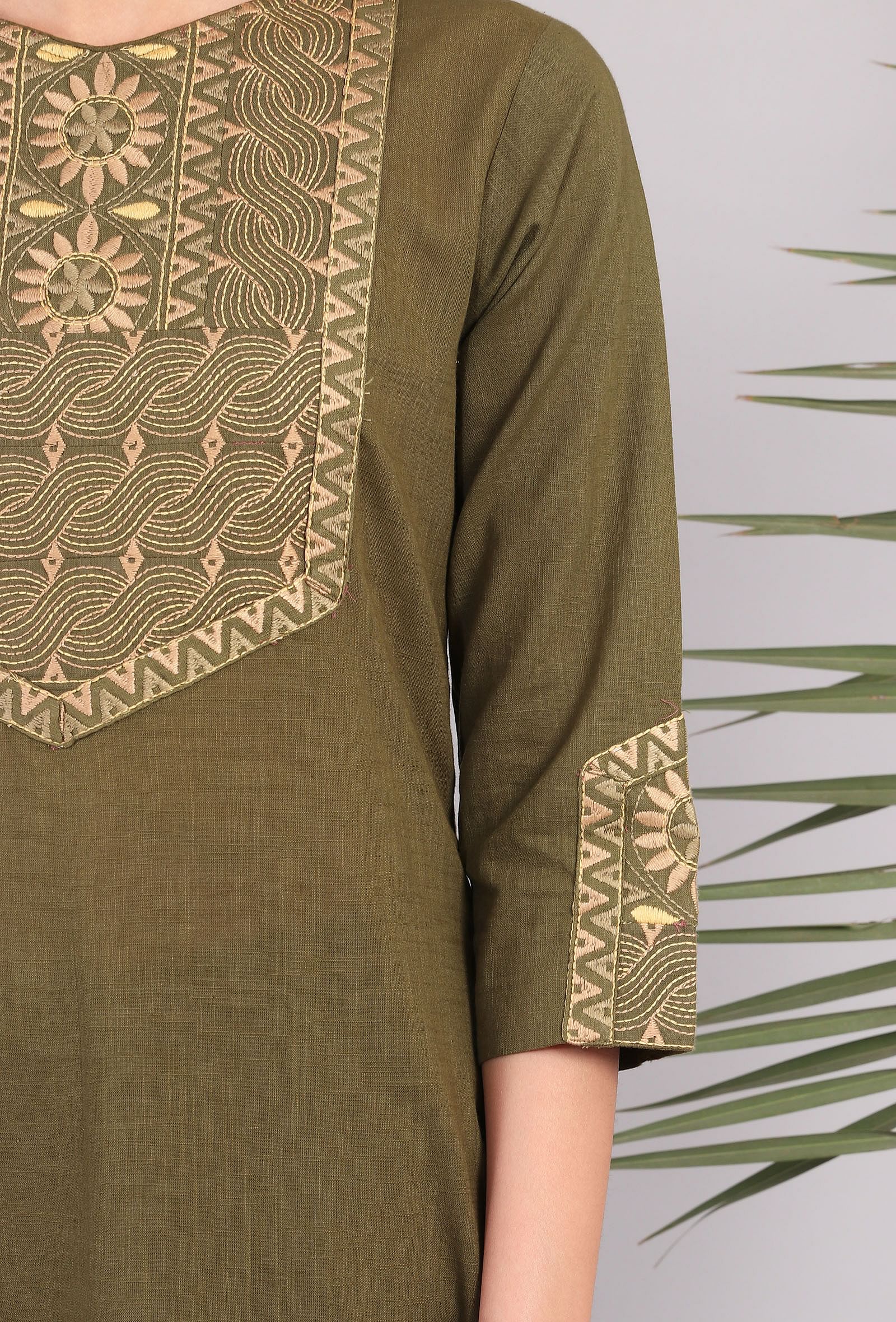Set of 2: Olive Green Kantha Long Kurta with Solid Palazzo Pants
