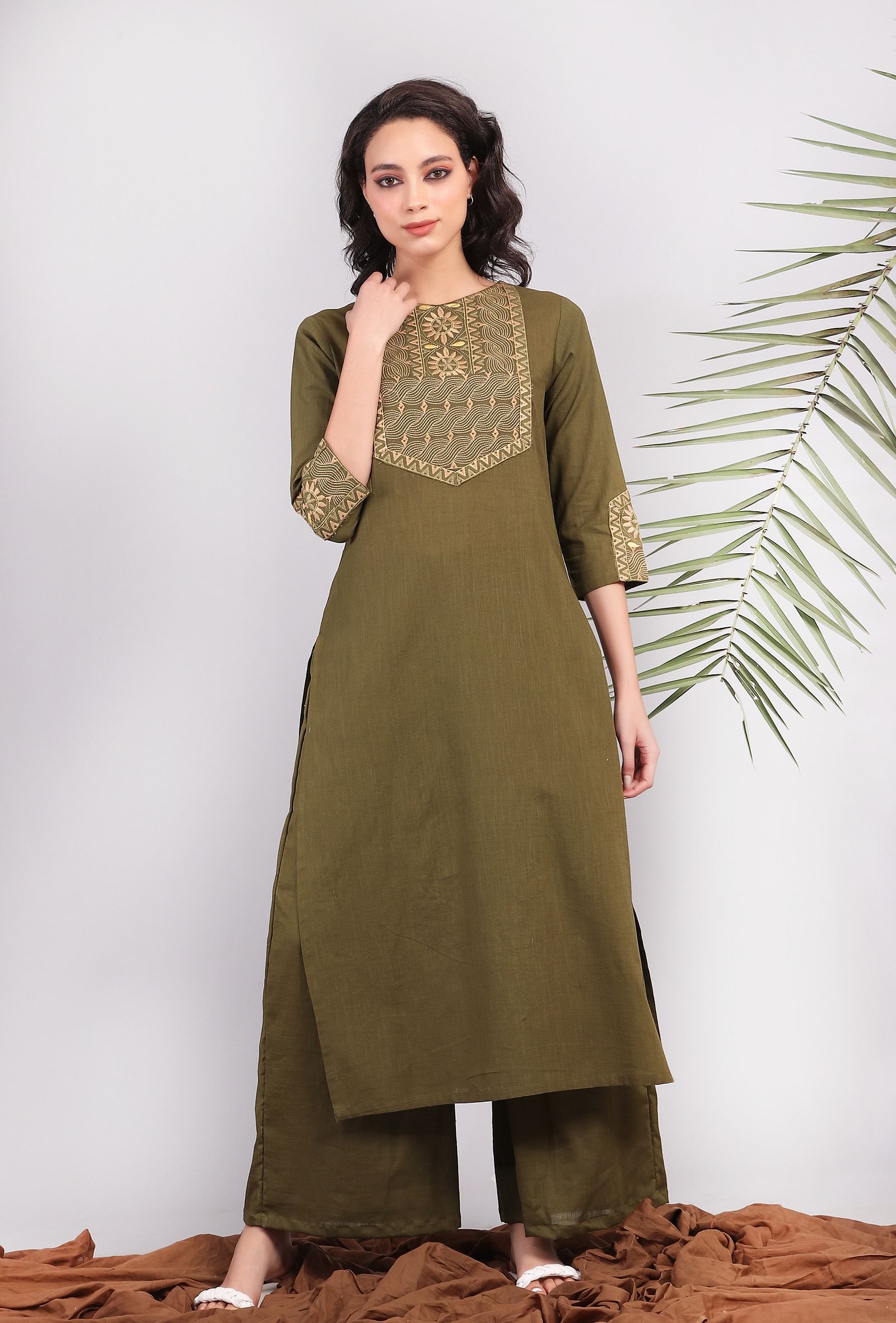 Olive Green Kantha Long Kurta