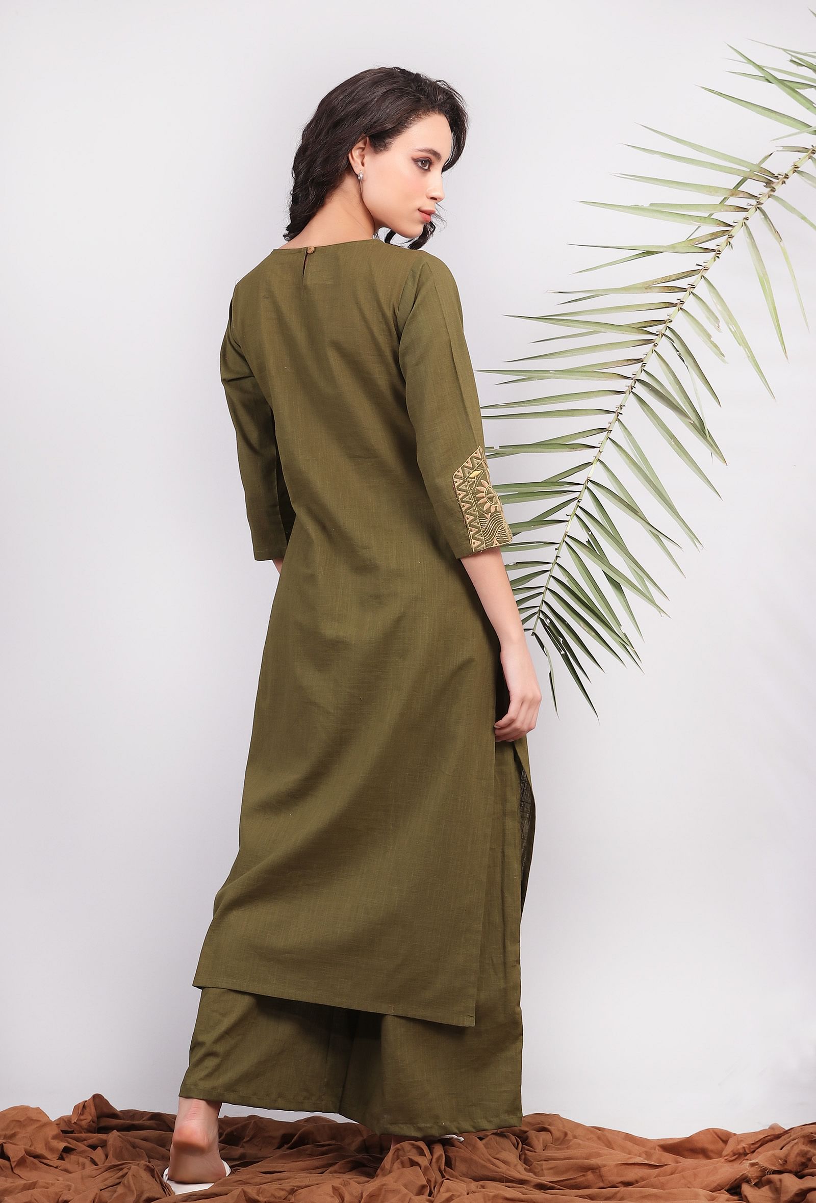 Olive Green Kantha Long Kurta