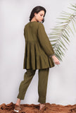 Set of 2: Olive Green Kantha Embroidered Kurta with Solid Olive Green Cuffed Pants
