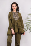 Olive Green Kantha Embroidered Short Tier Kurta