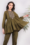 Olive Green Kantha Embroidered Short Tier Kurta