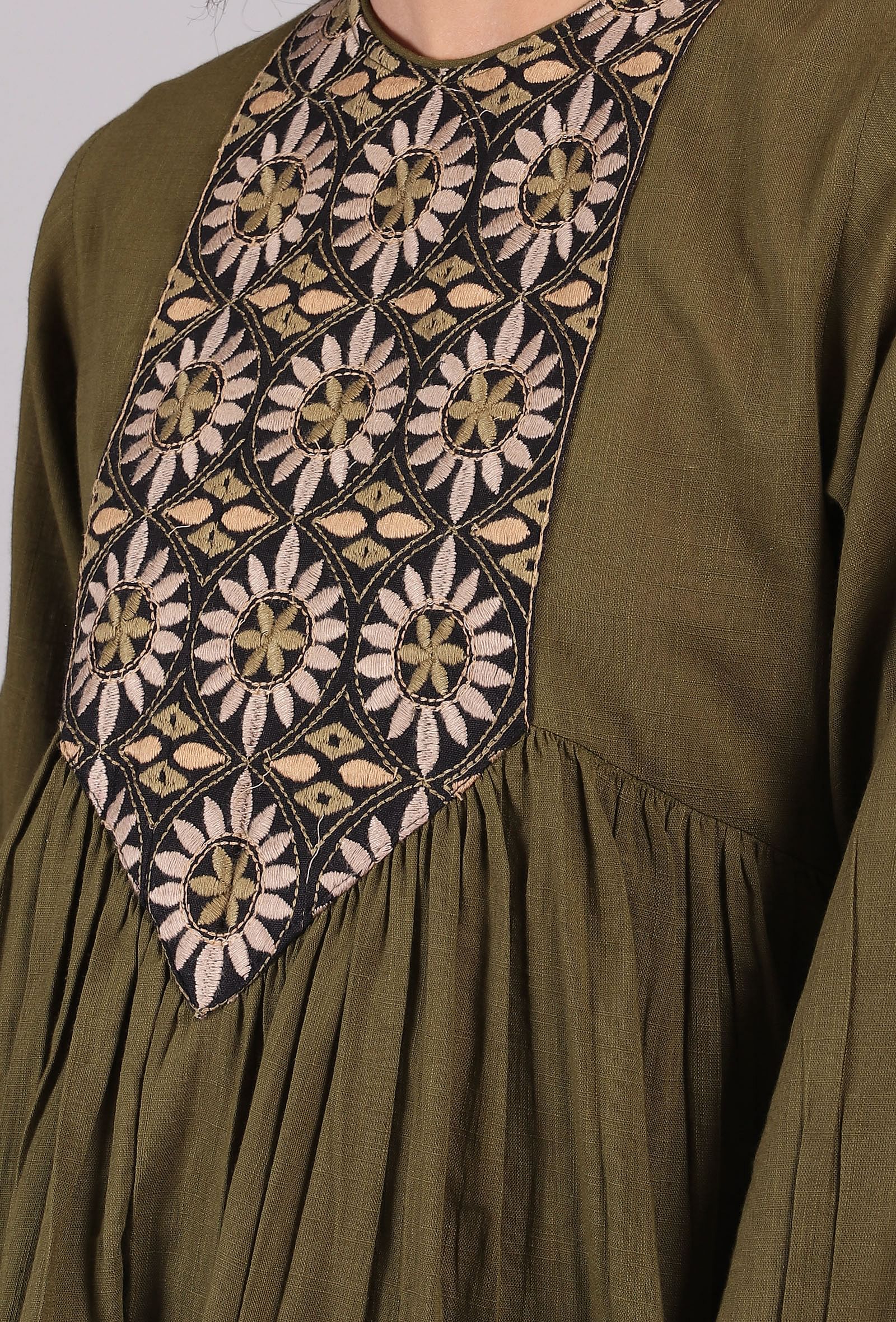 Olive Green Kantha Embroidered Short Tier Kurta