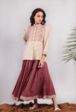 Set of 2: Beige Kantha Embroidered Bandhgala Shirt With Mini Skirt
