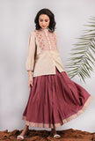Set of 2: Beige Kantha Embroidered Bandhgala Shirt With Mini Skirt
