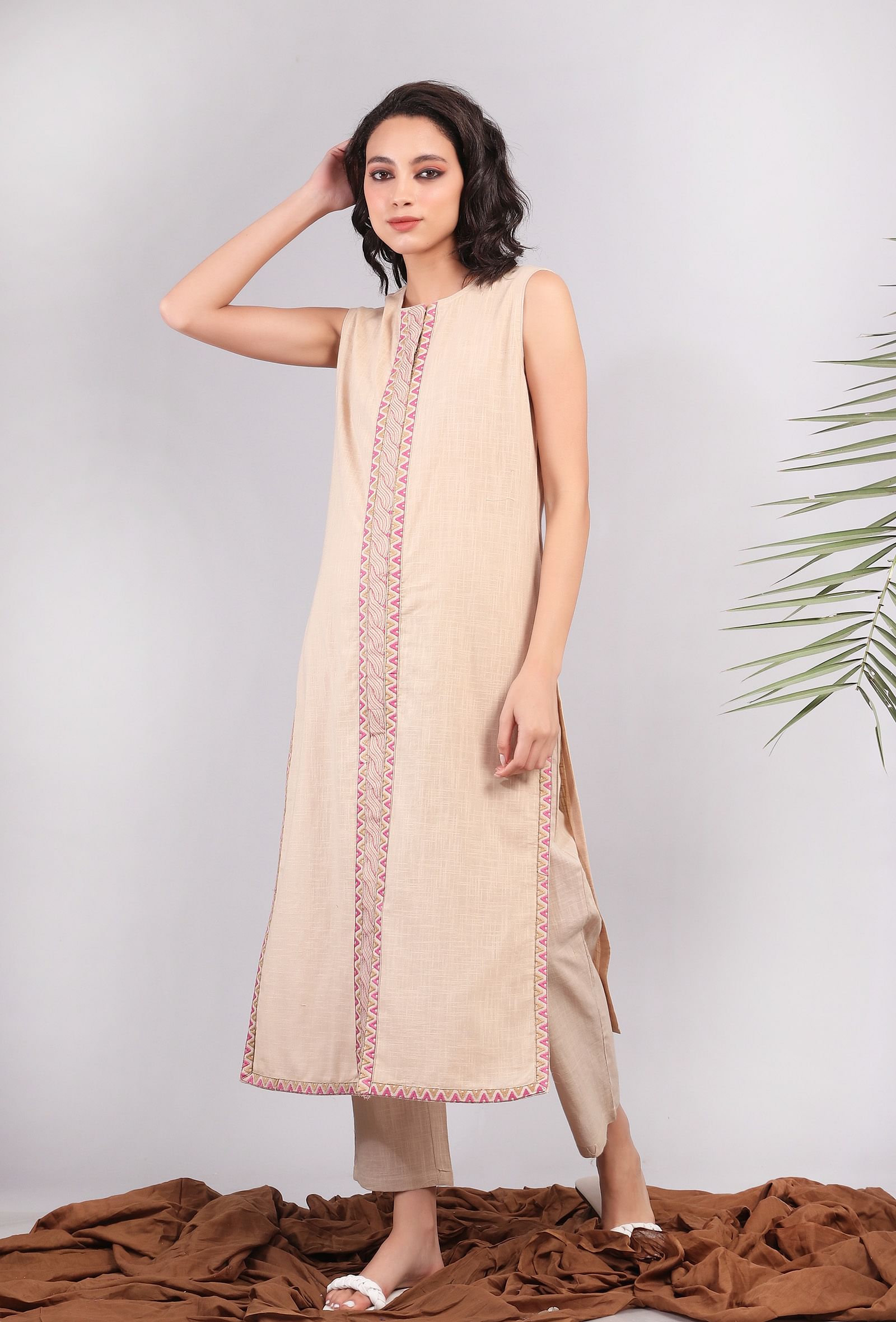 Beige Kantha Embroidered Front Slit Kurta
