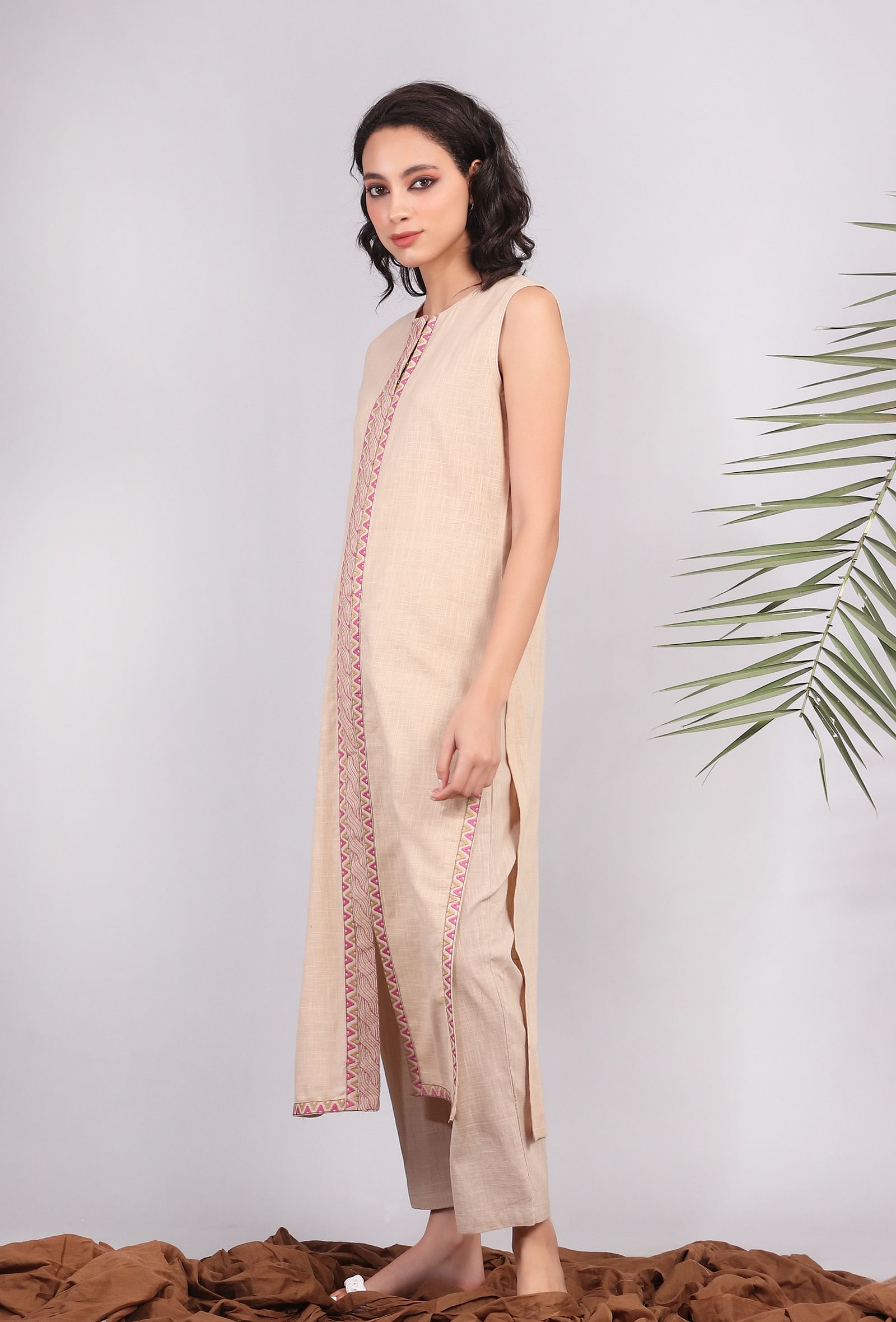 Beige Kantha Embroidered Front Slit Kurta