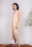 Beige Kantha Embroidered Front Slit Kurta