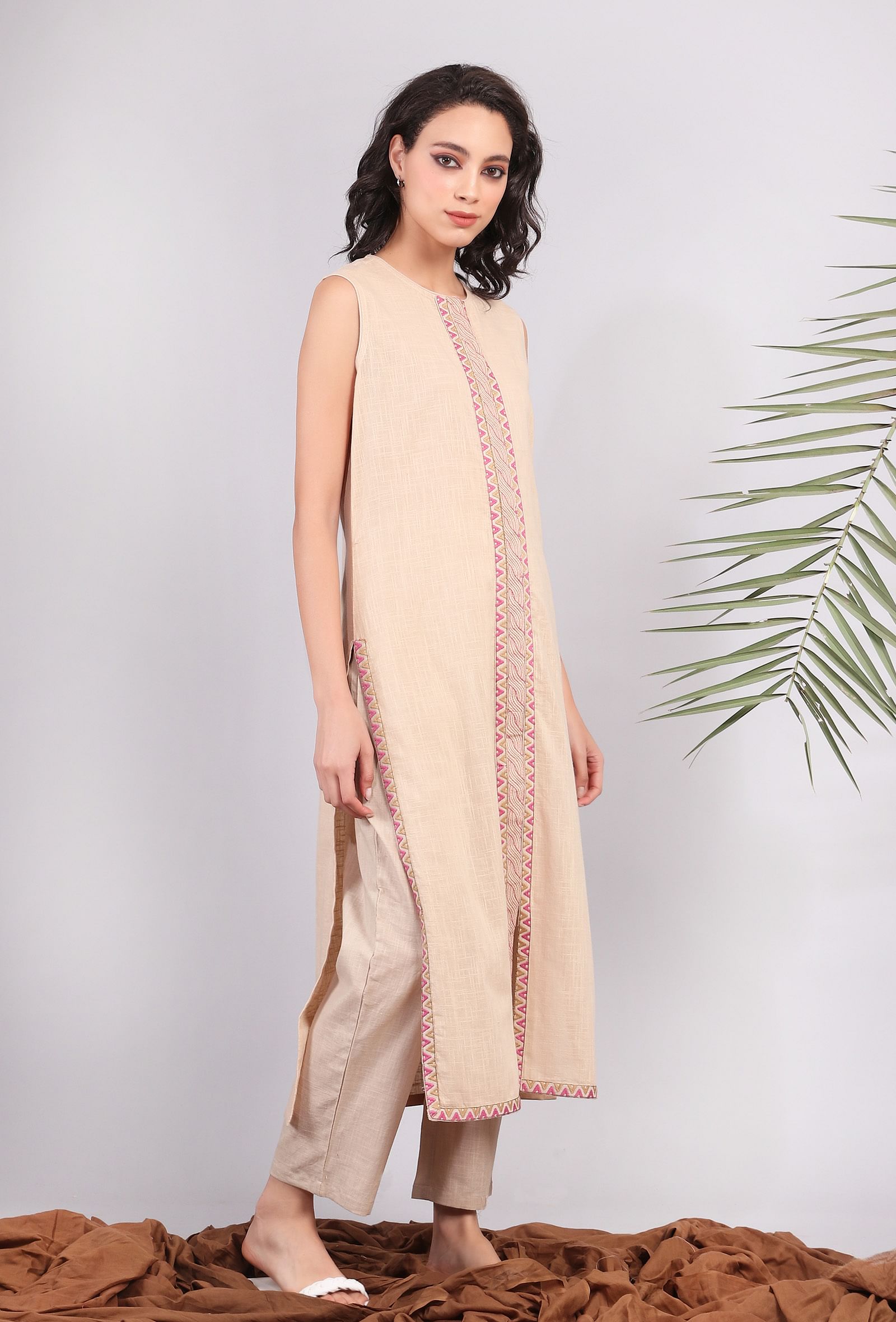 Beige Kantha Embroidered Front Slit Kurta