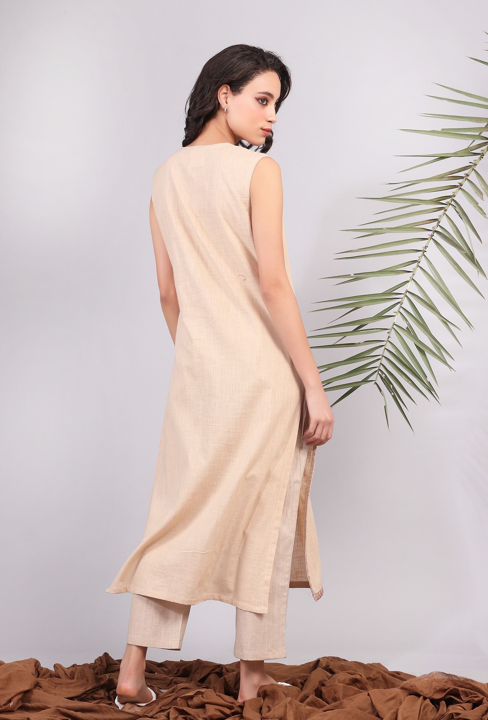 Beige Kantha Embroidered Front Slit Kurta