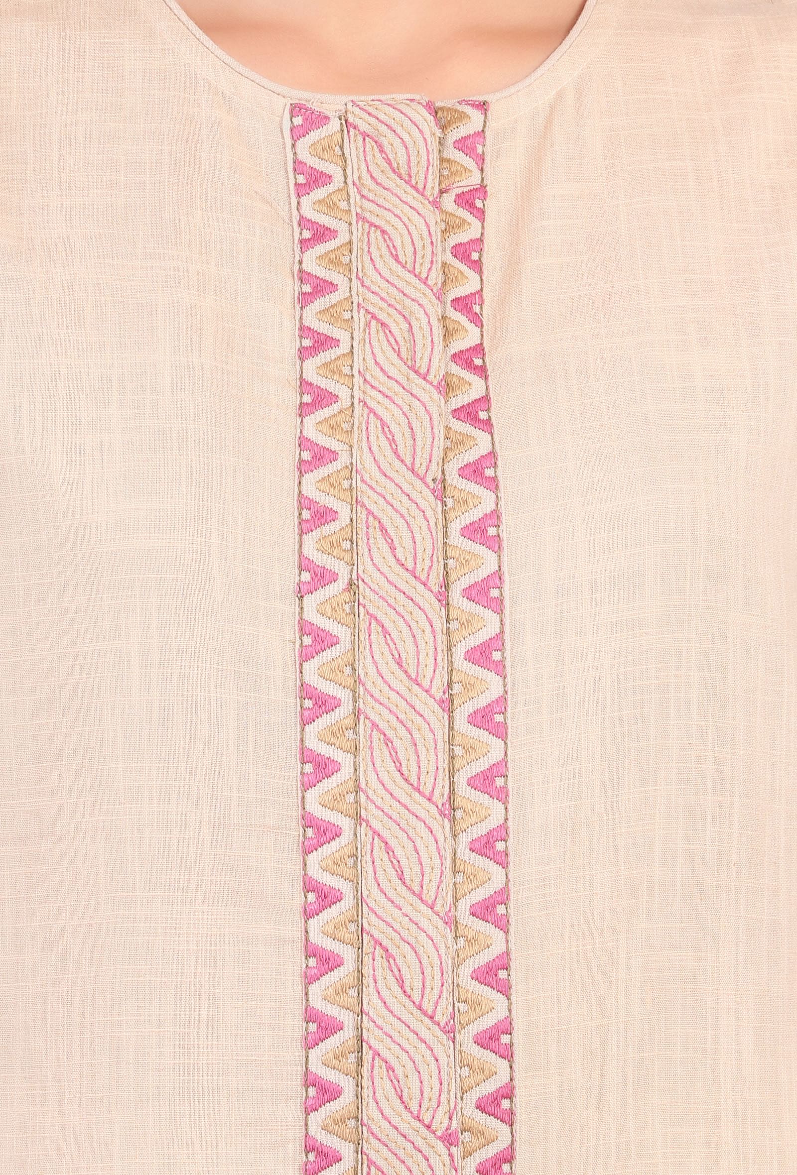 Beige Kantha Embroidered Front Slit Kurta