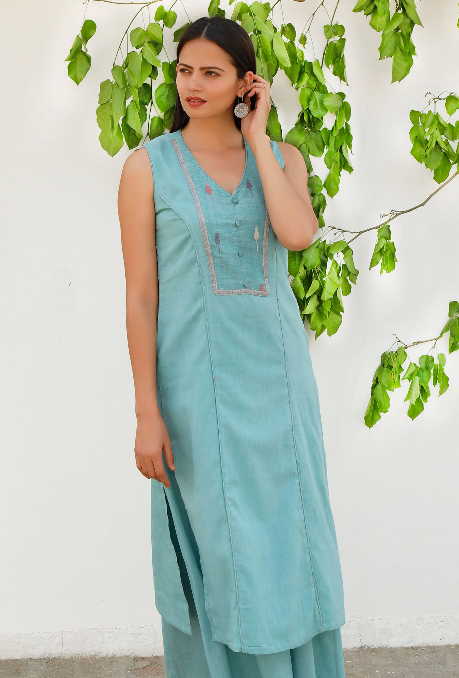 Aqua Blue  Mulmul-Jamdani Straight kurta