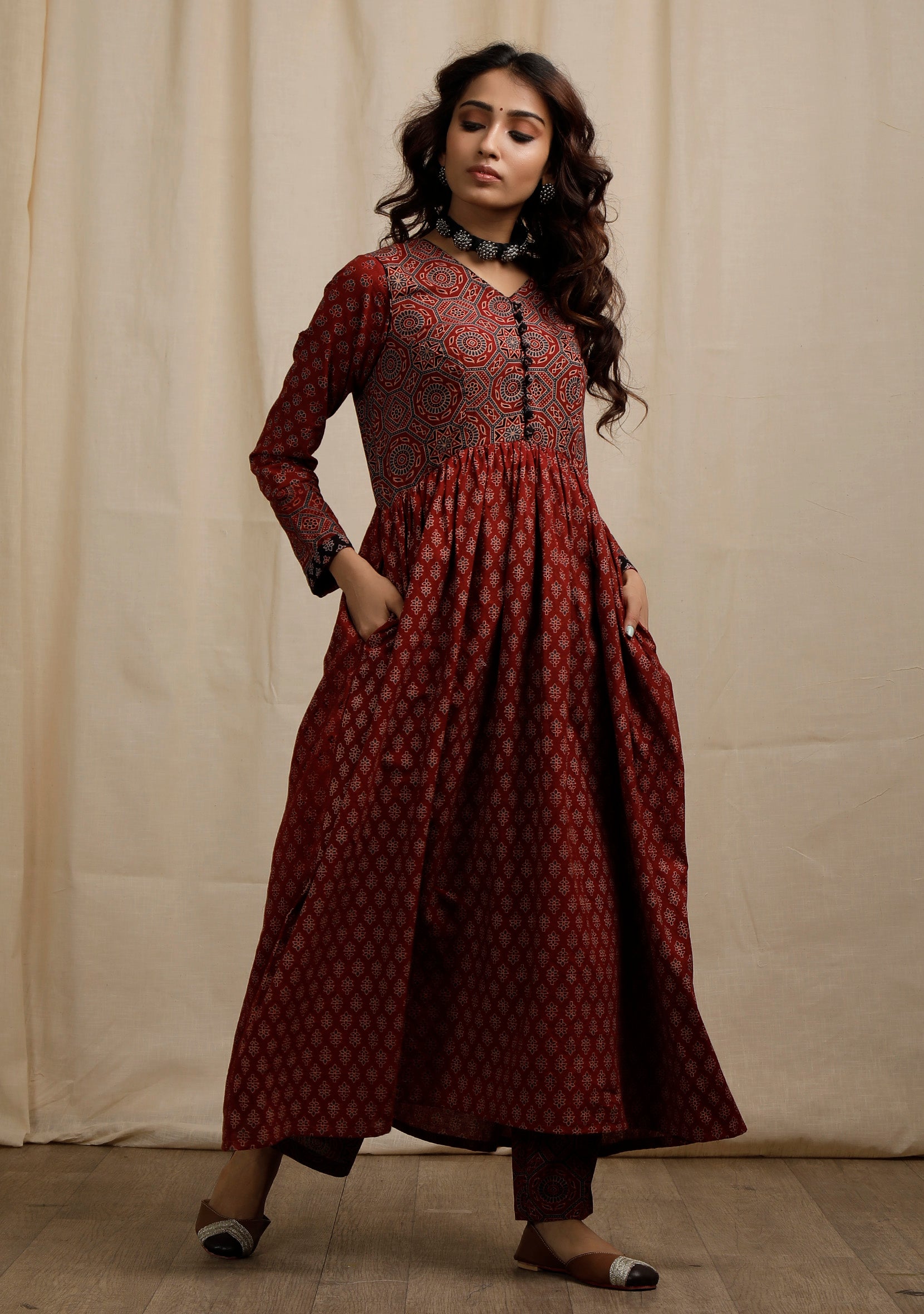 Red Ajrakh Print Flaredand Gathered Kurta with Pockets